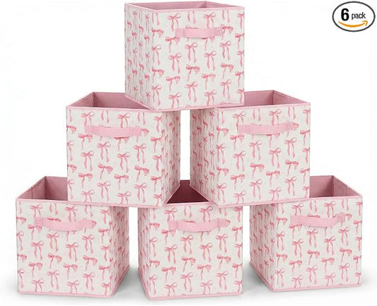 6 Pcs Pink Bow Cube Storage Bins 12.5 Inch Pink Storage Basket with Handle, Preppy Girls Organizer Basket, Collapsible Fabric Box for Classroom Bedrooms Office Home Decoration (Bow)