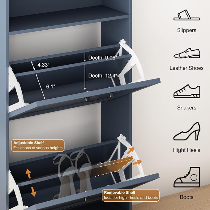 24" W Hidden Shoe Storage Cabinet with 2 Flip Drawers & Open Storage | Farmhouse Modern Shoes Rack Cabinet,Adjustable Shelves, Narrow Slim Shoes Organizer for Entryway,Foyer,Hallway,Navy Blue