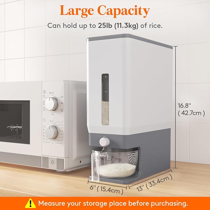 Lifewit 2 Pack Rice Dispenser 25 Lbs(11.3kg), Rice Storage Container Sealed Moisture Proof with Measuring Cup for Kitchen Pantry Household, BPA-Free, Grey