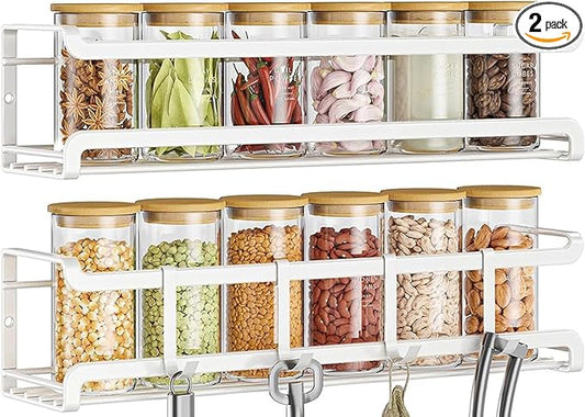 Bunoxea Spice Rack Wall Mounted 2 Pack, White,For Spice Jars & Seasonings | 2 Removalble Hooks,Screw or Adhesive Hanging, Space-Saving,For Kitchen Cabinet, Pantry Door,Stove,RV Use,11.41x2.75x2.75in