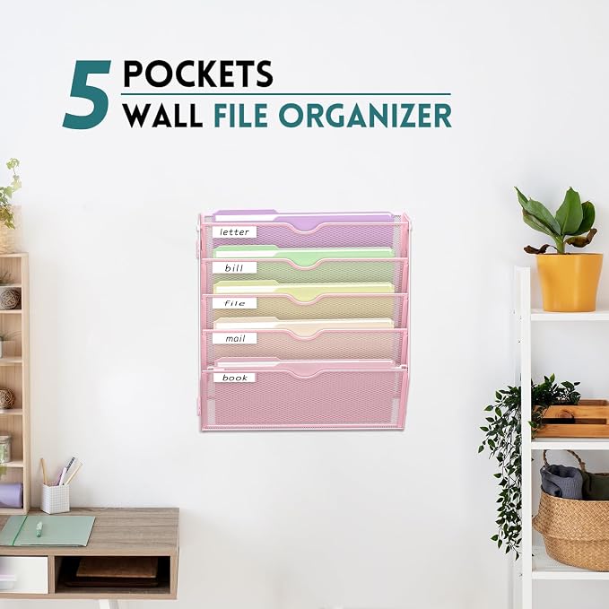 SUPEASY 5 Tier Wall File Organizer, Hanging Wall Mounted Mail Organizer with Label Slots, Metal Mesh File Holder Magazine Rack for Office, Home, School, Pink
