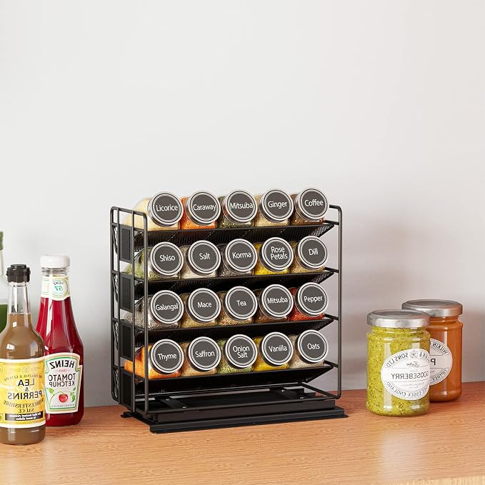 SpaceAid Pull Out Spice Rack Organizer with 20 Jars, Heavy Duty Slide Out Seasoning Organizer for Kitchen Cabinets, with 801 Labels and Chalk Marker, Right Facing (Pack of 2)