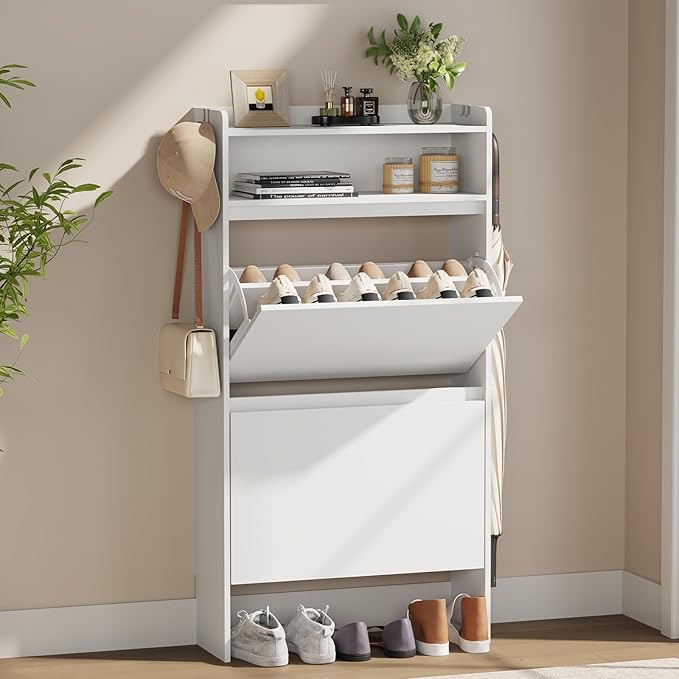 Slim Shoe Cabinet with 2 Flip Drawers & Open Storage, 23.6" W White | Freestanding shoe storage cabinet for entryway,foyer and hallway,Narrow design and space-saving flip drawers