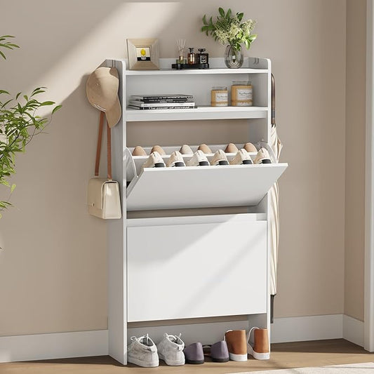 Slim Shoe Cabinet with 2 Flip Drawers & Open Storage, 23.6" W White | Freestanding shoe storage cabinet for entryway,foyer and hallway,Narrow design and space-saving flip drawers