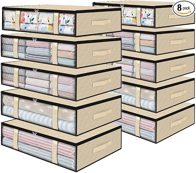 StorageRight Under Bed Storage Bags, 8 Pack, 40L, Beige | Breathable Non-Woven Fabric with a Clear Window and Zippered Top for Clothes, Comforters, Blankets and Seasonal Storage