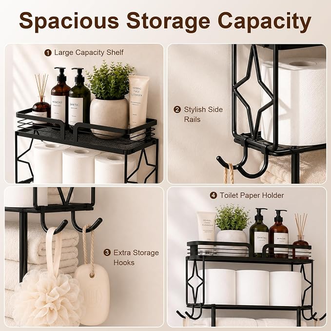 Towel Racks for Bathroom 23.8 Inch Wall Mounted Towel Rack with Shelf, Small Bathroom Towel Storage Holds 3–6 Large Rolled Towels, Metal Wall Towel Rack, Black