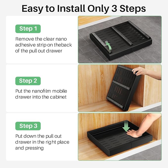2 Pack Pull out Cabinet Organizer, Expandable(12"-20") Heavy Duty Slide out Drawer Fixed with Adhesive Nano Film for Pots, Roll out Shelf Storage for Kitchen Organization, Pantry, Bathroom(Black)