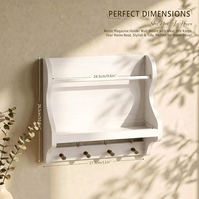 Rebee Vision Mail Organizer Wall Mount with 7 key Hooks Home Decor, White | Mail Holder for Wall, Key Hanger for Sunglasses and Wallets, Mail, Farmhouse Magazine Holder, Wood Decor, Apartment Aesthetic
