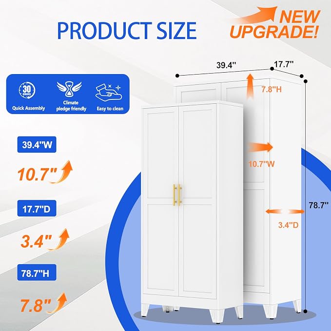 GAIOUS 79" Tall Kitchen Pantry Cabinet,Metal Storage Cabinet White Cupboard | with 2 Doors and 5 Adjustable Shelves, Freestanding Cupboard, 6 Tier Steel Storage for Office Kitchen Dining Garage Hallways