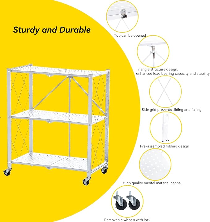 BRIAN & DANY 3-Tier Foldable Storage Shelves with Wheels, No Assembly Folding Shelf Metal Rack, Shelving Unit for Kitchen, Garage, White