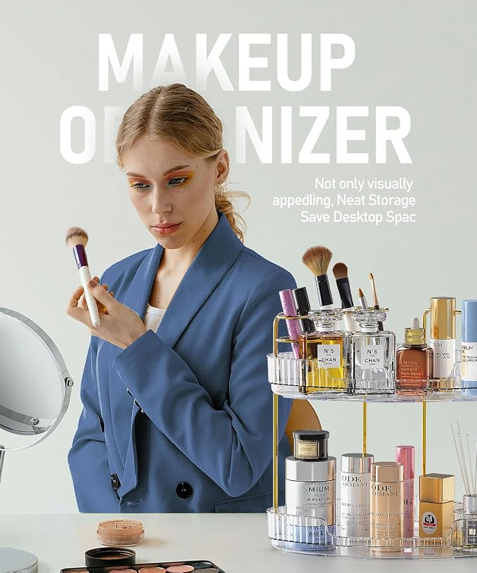 2-Tier Corner Bathroom Organizer Counter - Acrylic Makeup Skincare Organizer with Brush Holder, Perfume Tray for Countertop, Vanity, Dresser, Kitchen（Clear）