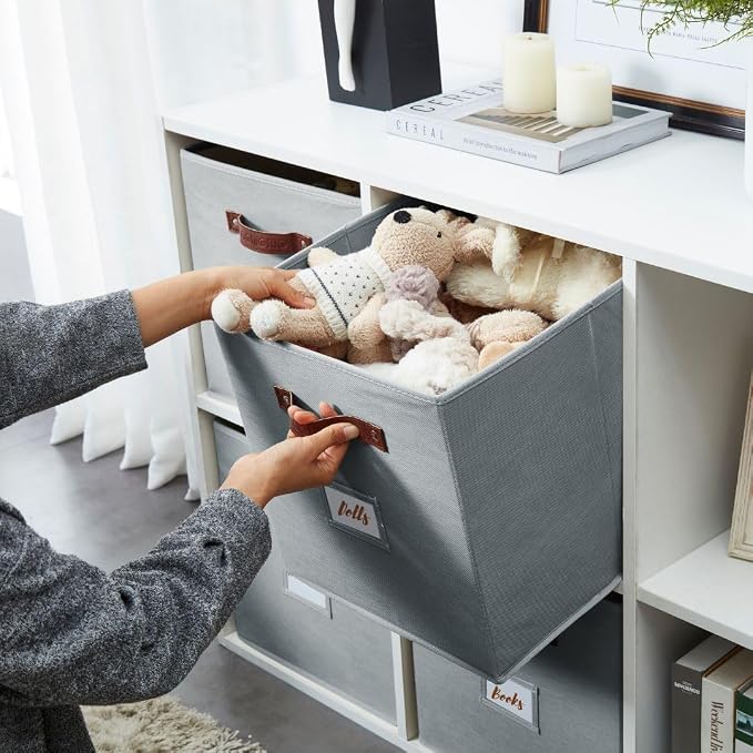 DECOMOMO Storage Bins, Storage Baskets for Shelves | 13" x 15" x 13" Storage Cube Bins with Labels for Organizing Shelves (Kallax, 4pcs, Grey)