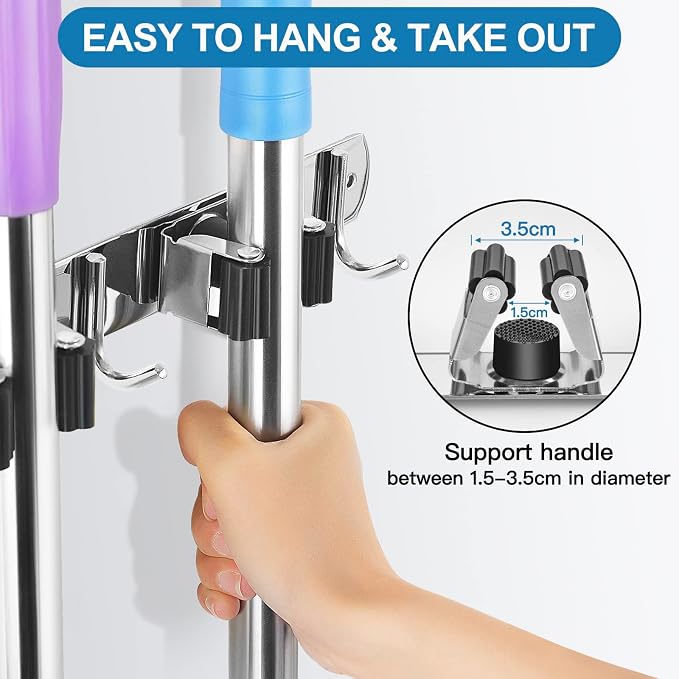 IMILLET Broom Holder Wall Mount Stainless Steel Mop Organizer | 5 Racks 4 Hooks Heavy Duty Garage Organization Storage,Broom and Mop Organizer Wall Hanging Self Adhesive for Laundry Room