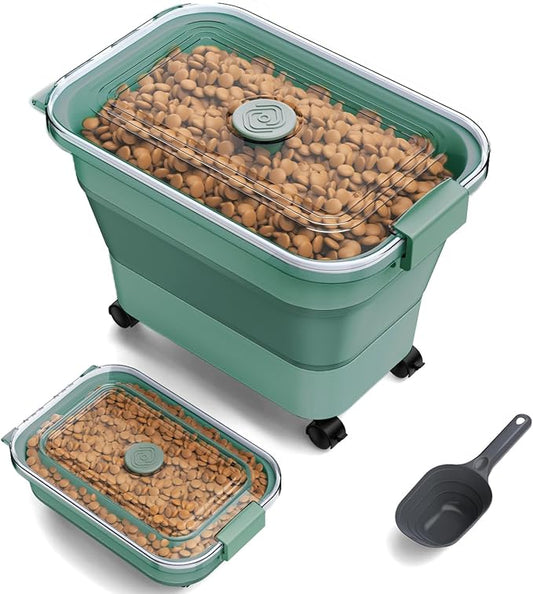 Dog Food Storage Container, 15-23 Lbs Collapsible Dog Food Container with Transparent Airtight Lid, Wheels and Scoop, Travel Pet Food Storage Container for Cat, Dog and Bird, Keep Dry Food Fresh