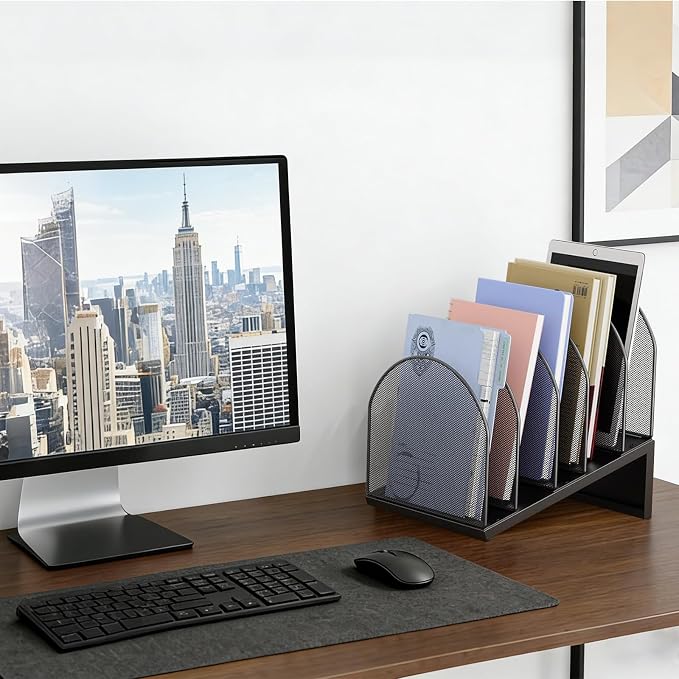 gianotter Desktop File Organizer, Desk Organizer with 5 Compartments, Paper Organizer for Desk, Workspace Organizers for Office Supplies (Black, Inclined Style)
