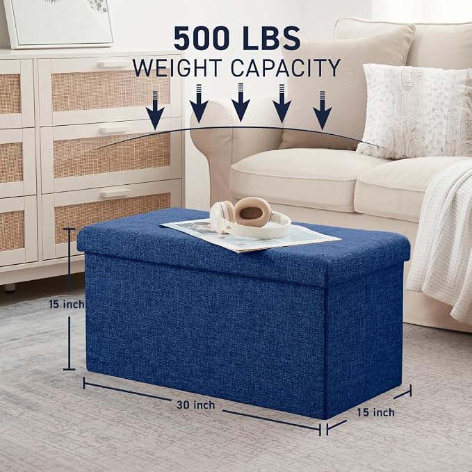 Ornavo Home 30 Inch Folding Storage Ottoman Bench, Tufted Linen, Navy Blue | Upholstered Large Ottoman with Lid; Foot Rest Stool; Ideal for Bedroom, Living Room or Entryway