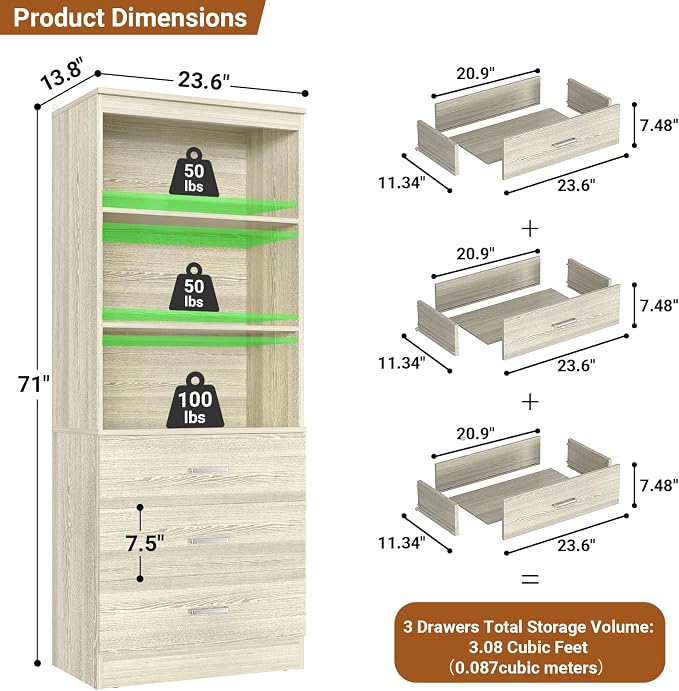 Aheaplus 23.6" Closet Drawers System, Wood Closet Organizer System with 3 Drawers, Modular Small Walk-in Closets Storage Unit, White Oak1 (23.6" L x 13.8" W x 71" H)