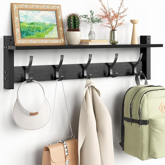 Optish Coat Rack Wall Mount with Shelf, 24 Inch Coat Hanger Walls Mounted, Hat Rack for Walls, Shelf with 5 Coat Hooks, Wall Hanger for Entryway (Black)