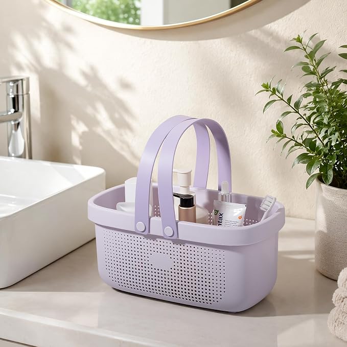JiatuA Plastic Storage Basket with Handle Portable Shower Caddy Tote Organizer Basket Bin for Bathroom Kitchen Dorm Room Bedroom, ‌Purple