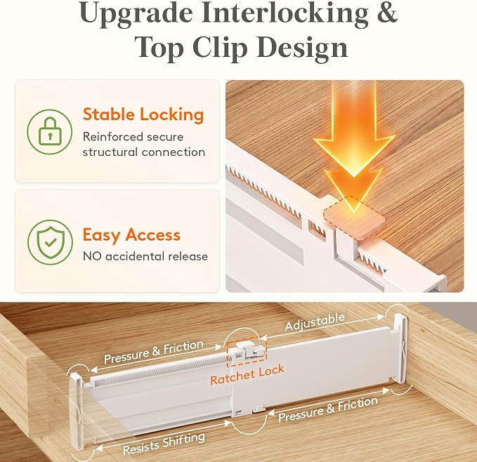 Lifewit Drawer Dividers for Clothes, 3.2" High 10.5"-16.5" Expandable Dresser Drawer Organizers, Adjustable White Plastic Separators for Kitchen, Cabinet, Nursery, Socks & Underwear Storage, 4 Pack