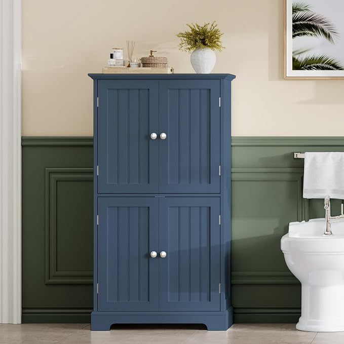 ChooChoo Bathroom Floor Cabinet with Adjustable Shelves | Bathroom Storage Cabinet, 4 Doors, Freestanding Cupboard for Living Room, Blue