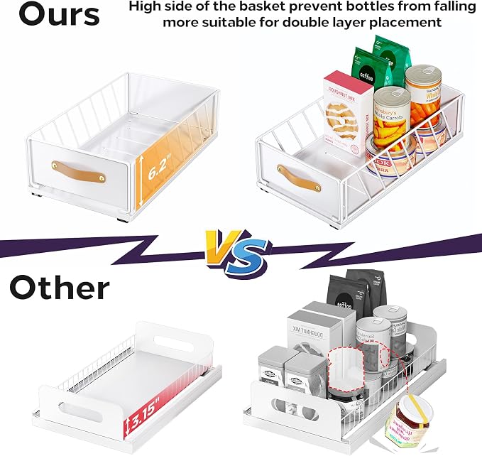 Pull out Cabinet Organizer,Heavy Duty Slide out Pantry Shelves Drawer Storage with Adhesive Nano Film,Sliding Mesh Cabinet Basket with Handle for Kitchen, Bathroom, Home, 9.8"W X 15.7"D X 6.2"H,White