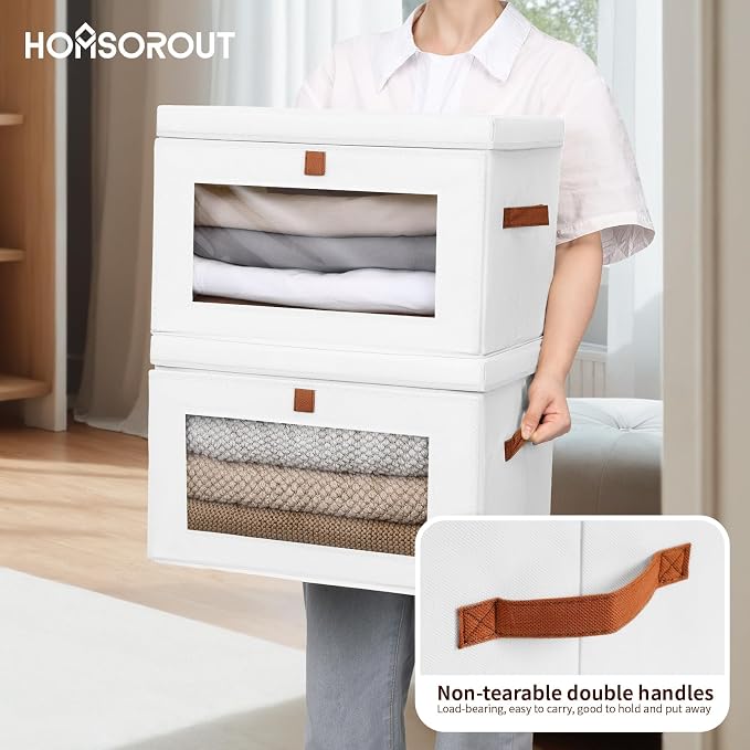 Homsorout Large Clothing Storage Bins - Collapsible Boxes with Handles & Window, Decorative Organizer Bins with Lids, Fabric Containers for Living Room, Dorm, 6 Pack, White