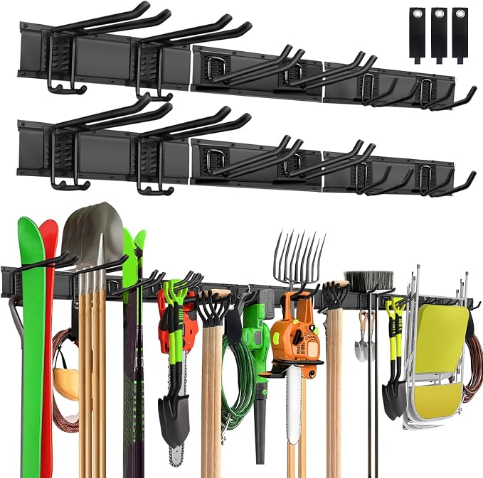 Garage Wall Organizer, 96 in Garden Tool Organizer with 12 Adjustable Hooks | 720 LBS Load, Wear & Tear Resistant, Soft Anti-Scratch Hook Sleeves, 3 Extra Storage Straps, For Garden Lawn & Shed Tools