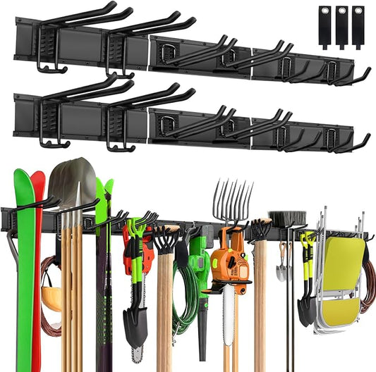 Garage Wall Organizer, 96 in Garden Tool Organizer with 12 Adjustable Hooks | 720 LBS Load, Wear & Tear Resistant, Soft Anti-Scratch Hook Sleeves, 3 Extra Storage Straps, For Garden Lawn & Shed Tools