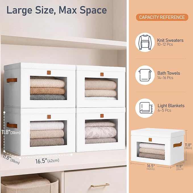 DIMJ Storage Bins with Lids - 5 Pack Front Opening Stackable Fabric Storage Boxes with Clear Window & Handles, Collapsible Closet Organizers for Clothes, Sweaters, Shelf Storage, Bedroom, White