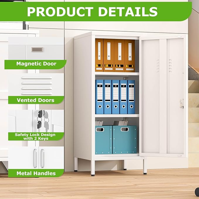 PAOFIN 35" Metal Storage Locker, Lockable Employees Metal Locker with Door and Adjustable Shelves, Steel Locker for Home, School, Office, Gym (White)