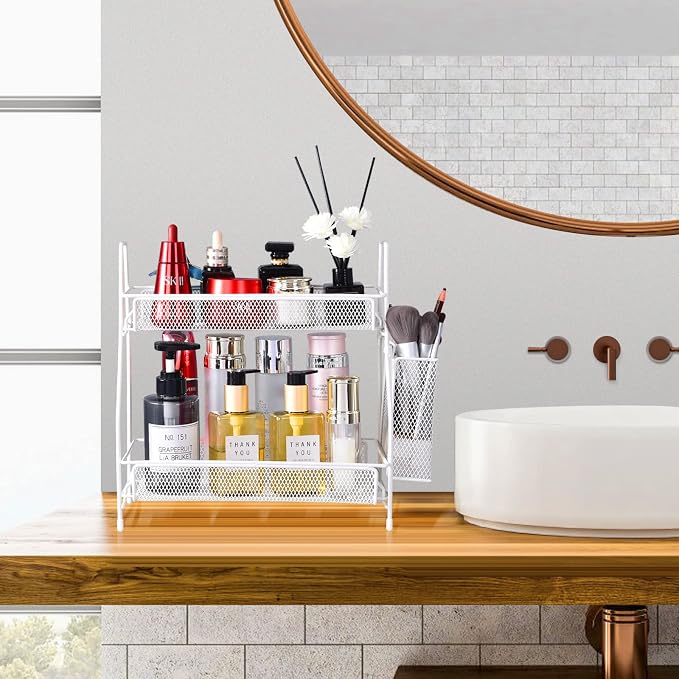 Countertop organizer for bathroom counter, bathroom organizers and storage, spice rack organizer for kitchen counter shelf with small basket(White)