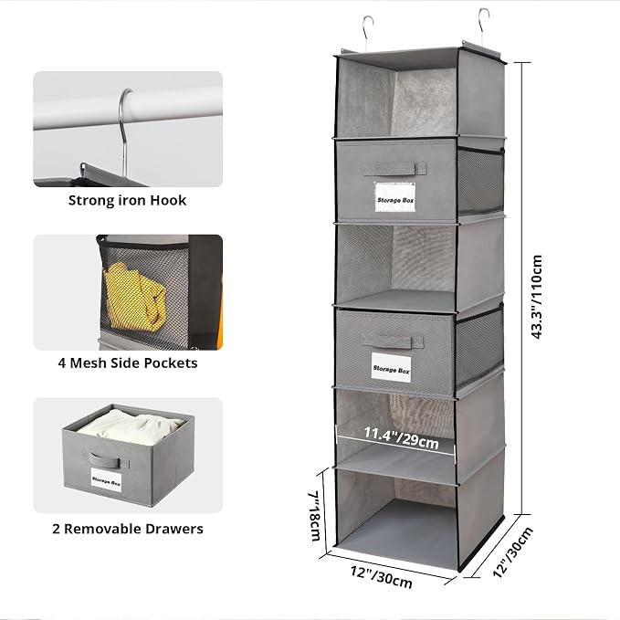 BrilliantJo 2 Pack 6 Shelves Hanging Closet Organizer with 2 Drawer, Hanging Storage with 4 Side Pockets for Clothes Shoes, 43.5"x12"x12"(Gray)