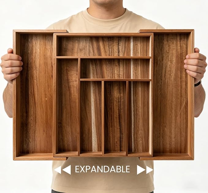 Fibogollo Expandable Large Acacia Wood Silverware Organizer，6-8 Slots | Adjustable Drawer Organizer,Flatware and Utensils Organizer Tray,Utensil Holder（16.9-22.2 x 13.4 x 2 inch）