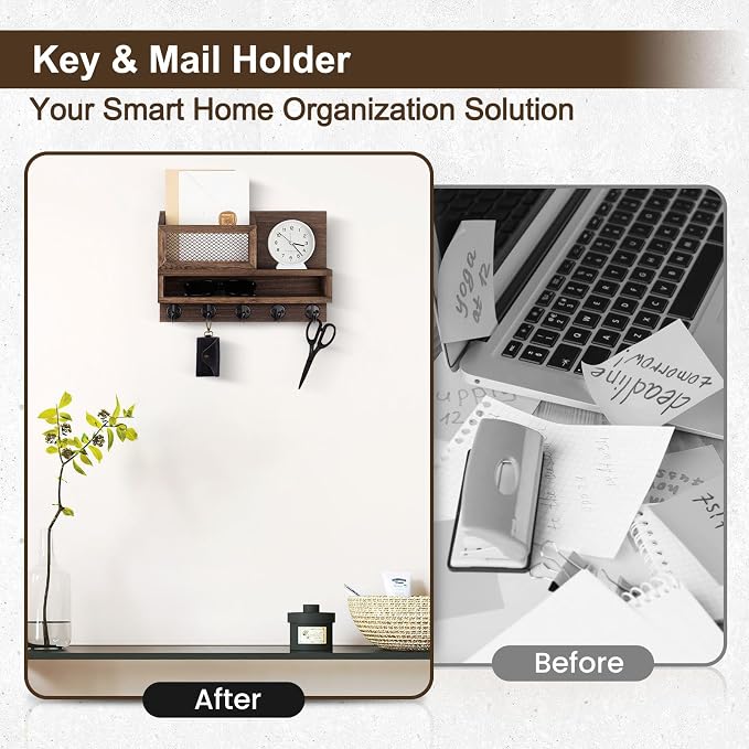 Key Holder for Wall, Mail Organizer Wall Mount with Storage Compartment and 5 key Hooks for Coat, Dog Leash, Stylish Mesh Mail Holder, Home Decor Entry Way Organizer