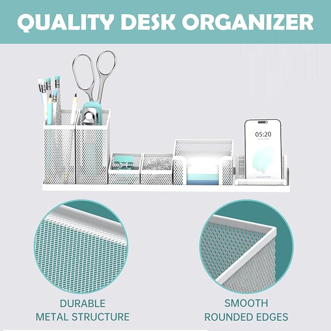 Pen Holder for Desk, 6-Piece Mesh Desk Organizer with Phone Holder, White | 6-Piece Black Mesh Desk Set Includes Pen Cups, a Sticky Note Caddy and Phone Holder for Office, School, Home