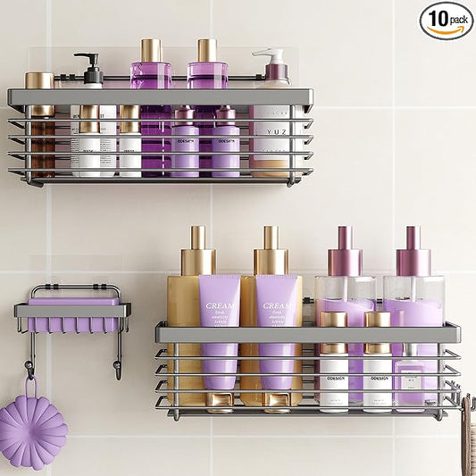 Shower Caddy Adhesive 3 Pack Stainless Steel Storage Organizers-Grey | No drilling wall mounted,rust-resistant,large capacity,quick drainage,easy to clean,suitable for bathrooms and kitchens
