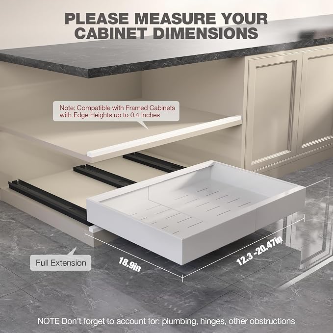Seinloes 2 Pack Pull Out Cabinet Organizer 19" Deep,Full Extension 3 Slide Rails Slide Out Drawers With Raising Pad for Framed Cabinets,Expandable Width (12.3"-20.5"),No Drill Roll Out shelf,White
