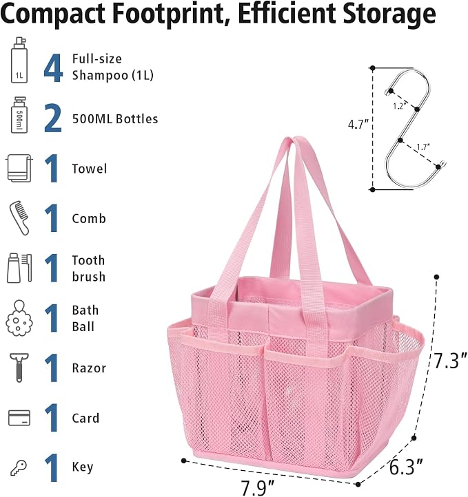 F-color Mesh Shower Caddy Portable - Stand Up 8 Pockets for Dorm, Pink | Stand Up Frame, S Hook, Collapsible Organizer, Mesh Shower Bag Bathroom Tote for College Dorm, Camping, Gym, Travel