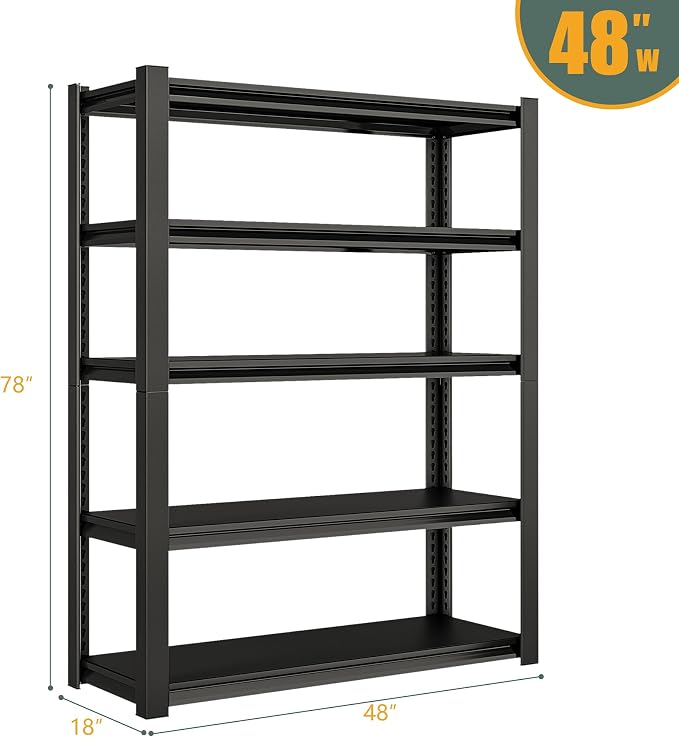 48" W Garage Shelving Heavy Duty, 5-Tier Metal Storage Racks, 2800LBS Loads, Adjustable Shelves, Black