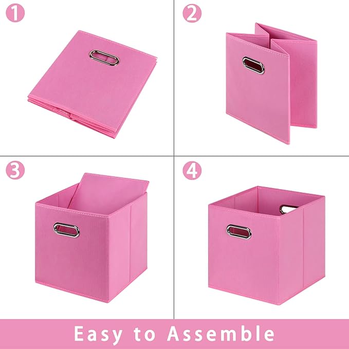 Fabric storage bins Cubes, Fabric Cube Organizer with Handle, Foldable Cube Bins for Cloth or Accessary Storage, 11x11x11, Set of 6, (Pink)