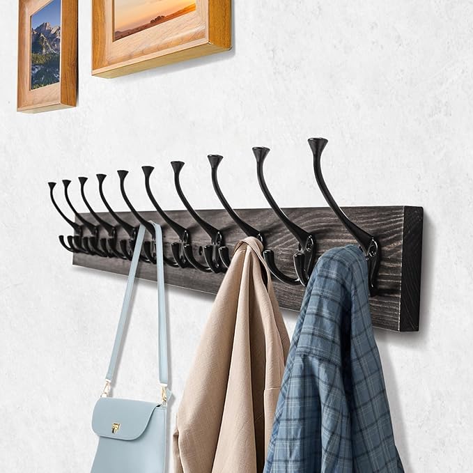 IBosins Vintage Wall Mounted Coat Rack, 34" Long with 10 Black Tri-Hooks | Coat Hanger Wall Mount,10 Rustic Coat Hooks Rail for Entryway, Living Room, Coat, Scarf, Bag ,Towel, Hat