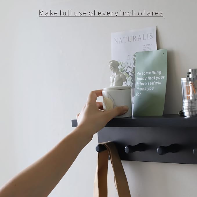 Entrance Coat Rack ，Coat Hooks, Wall-Mounted Wooden Hook Rack, Wall-Mounted Shelves are Very Suitable (Black Color Finish—A-1)