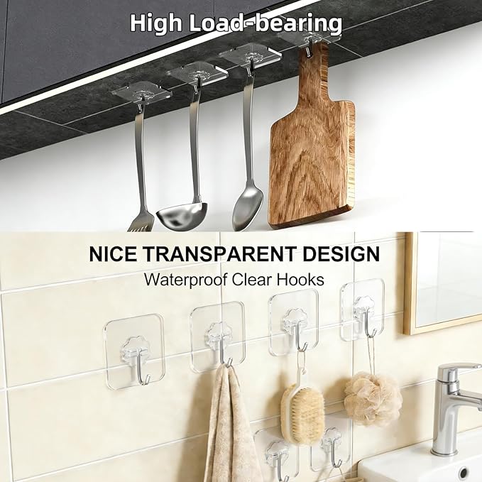 DDMY Clear Adhesive Hooks Heavy Duty Walls Hook 36 Pack for Hanging | Strong Self Adhesive Hook Holds Up to 50lb(Max) Transparent Reusable Waterproof No Drill for Kitchen Bathrooms Coat No Damage