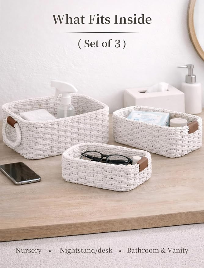 Small Wicker Baskets, 3 PCS Paper Rope Baskets for Shelves, White | Recycled Small Baskets, 3 Sizes Woven Baskets for Organizing, Decorative Storage Baskets for Bedroom and Bathroom