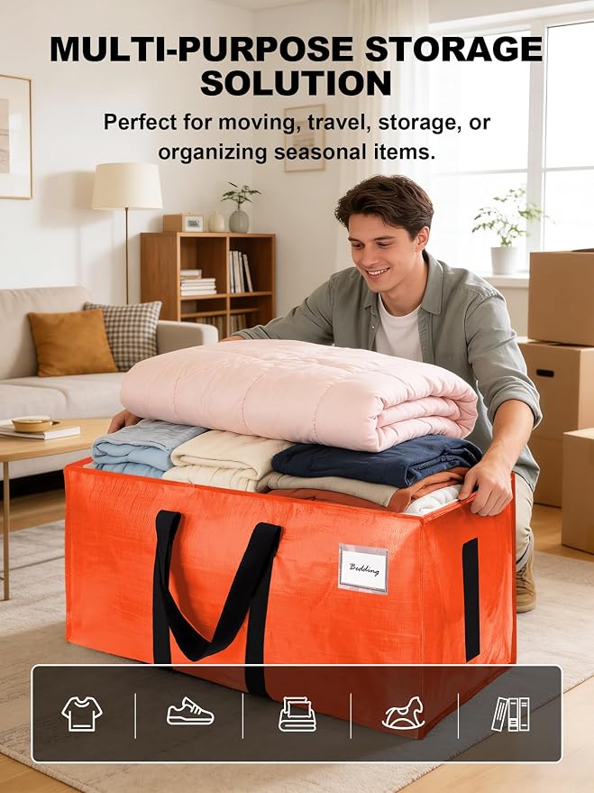 HOMESURE Supports 200lbs Heavy Duty Moving Bags - Strong Zipper & Wrap-Around Handles - Water-Resistant Storage Totes, Durable Alternative to Moving Boxes - 4 Pack - Orange
