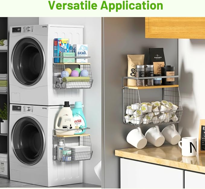 Magnetic Fridge Shelf with Wood Lid, Fruit Potato Onion Storage Bins, Pantry Organizers, Large Container Spice Rack for Refrigerator, Kitchen Counter, Cabinet (1, Silver)