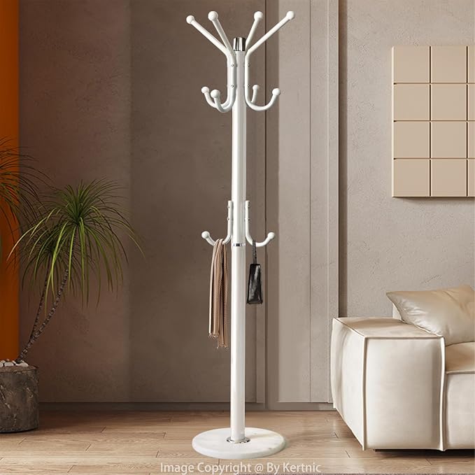 Kertnic Modern Coat Rack Freestanding with Natural Marble Base & Sturdy Metal Frame, 11 Hooks Hall Tree for Jackets, Hats, Bags, Entryway Organizer for Bedroom, Living Room, Closet (11 hooks-White)