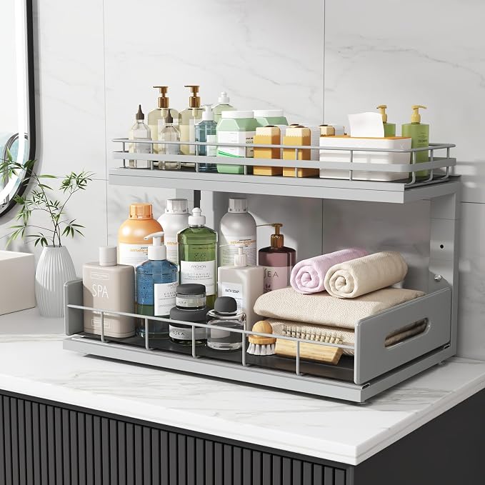 Under Sink Organizer Upgrade To Professional Rails,2-Tier Dual Pull Out Cabinet Storage,Height Adjustable Slide Out Drawers For Bathroom Kitchen,2 Pack-18.5"Dx12.8"-16.9"H,Gun Gray
