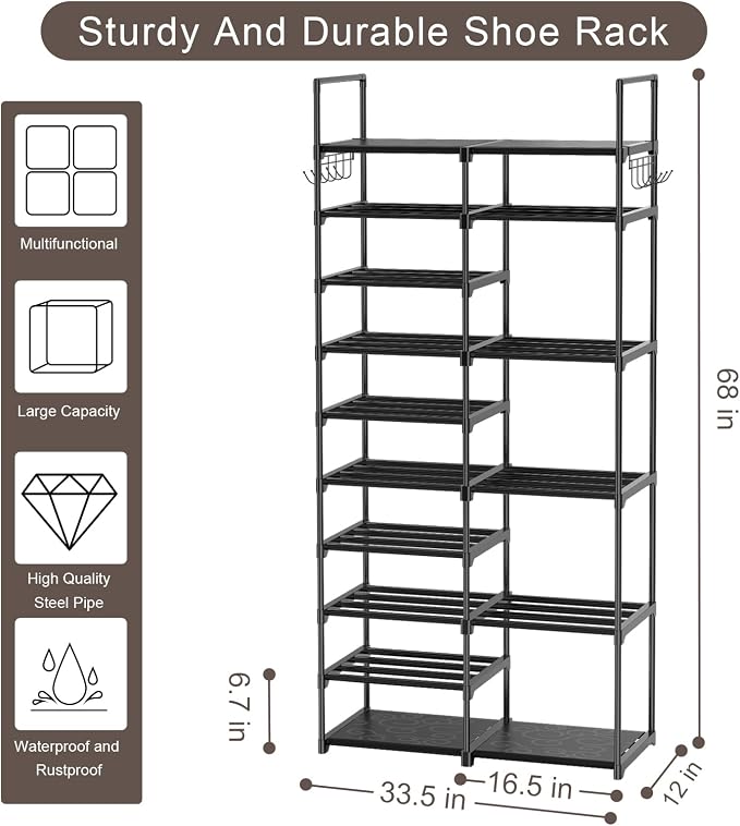 Kottwca 2 Row 10 Tier Tall Shoe Rack Organizer for Closet Entryway, 40-45 Pair Shoe Boot Storage Rack, Metal Shoe Shelf Small Vertical Stackable Shoe Stand for Bedroom Corner